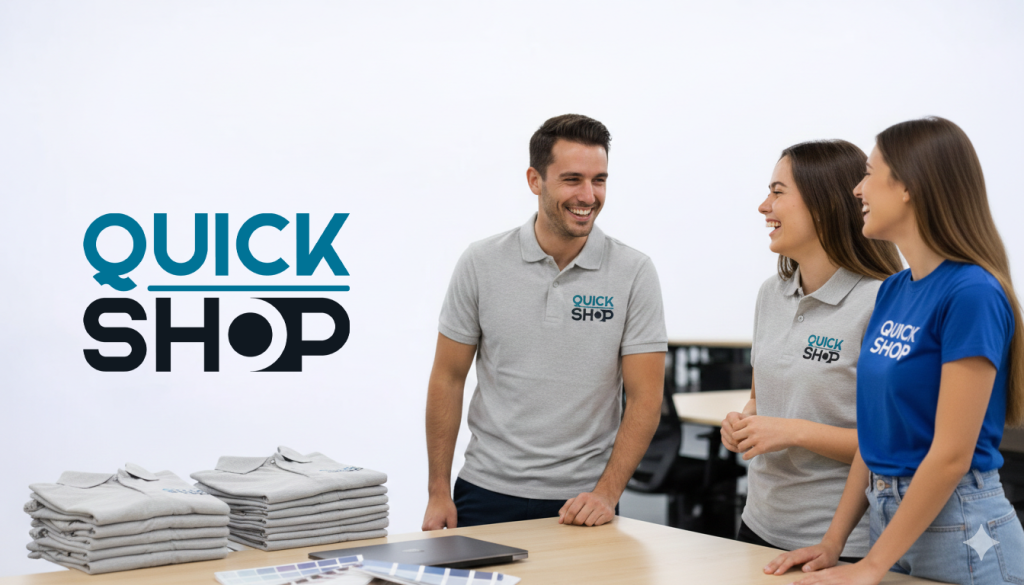 Egyedi logózott pólót viselő csapat beszélget munka közben